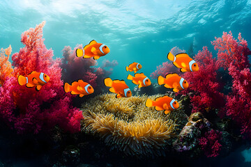 Naklejka premium Pixelated Clownfish School In Coral Reef