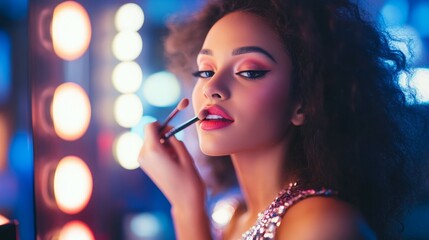 Fototapeta premium Young woman applying makeup in front of vanity lights.