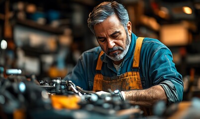 Senior mechanic repairs engine in garage