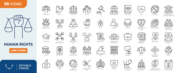 Human Right icon set. Containing freedom, democracy, equality of rights, Gender Equality, tolerance, activism, Charity, No War, and more. Outline Icon Collection. Vector illustration. Editable stroke