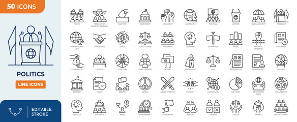Politics icon set. containing Goverment, president, election, constitution, political party, ideology, and more. Outline Icon Collection. Vector illustration. Editable stroke