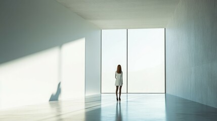 Fototapeta premium Woman in white dress gazes out large window in minimalist room.