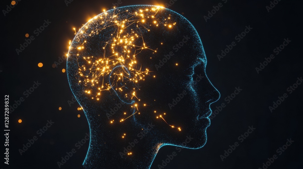 Aufkleber Profile of a head with glowing neural connections, showcasing AI concepts and cybernetic innovations. Generative AI