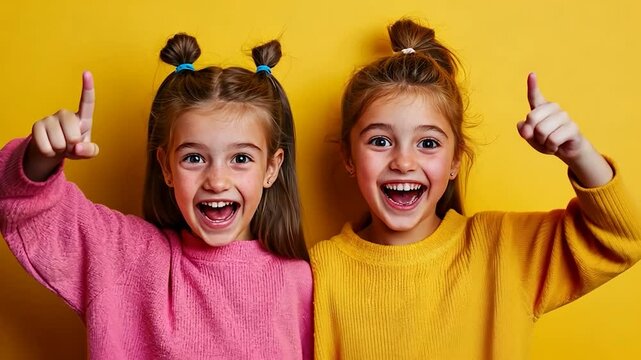 Playful girls pointing, bright yellow background
