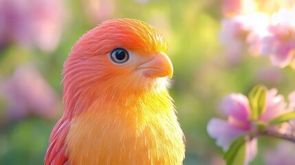 Orange bird in flower garden, sunrise