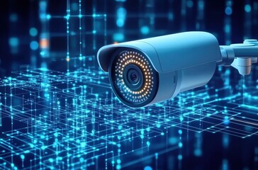 High-Tech Security Camera Monitoring Digital Network with Futuristic Background

