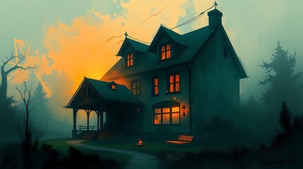 Haunted Victorian house, eerie orange sky, misty forest background, silhouette, glowing windows, spooky atmosphere, dark shadows, moonlit night, gothic architecture, wraparound porch, atmospheric fog,
