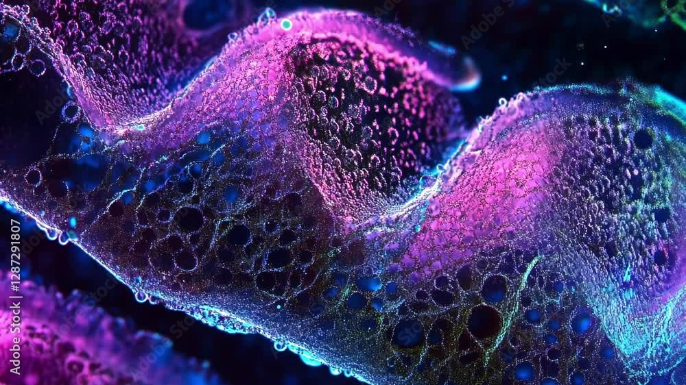 Poster illuminated cellular structures display vibrant colors, showcasing intricate patterns and textures. 