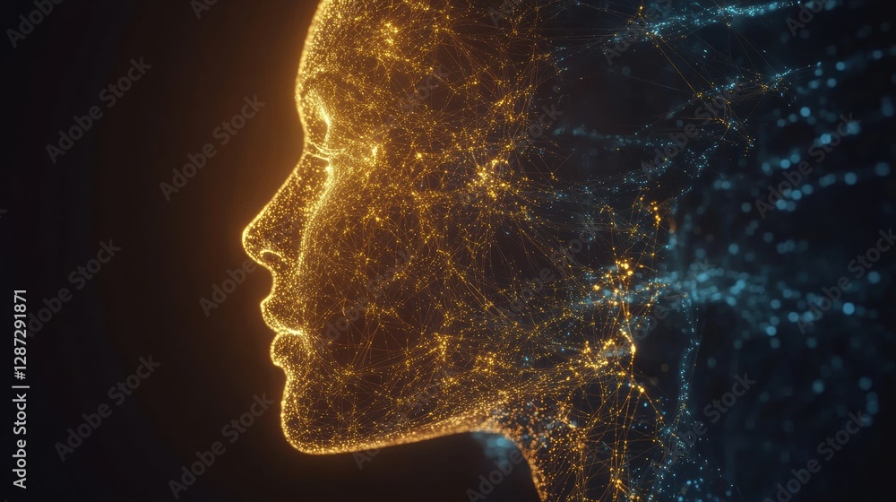 Poster Profile view of a human head showcasing complex neural connections and glowing synapses representing cybernetic intelligence. Generative AI