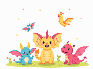 Cute Fantasy Creatures Set in Bright Colors for Children's Tales
