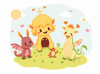 Naklejka premium Cute Fantasy Creatures Set in Bright Colors for Children's Tales
