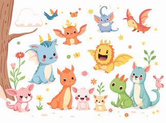 Naklejka premium Cute Fantasy Creatures Set in Bright Colors for Children's Tales
