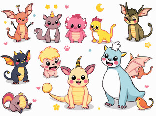 Fototapeta premium Cute Fantasy Creatures Set in Bright Colors for Children's Tales