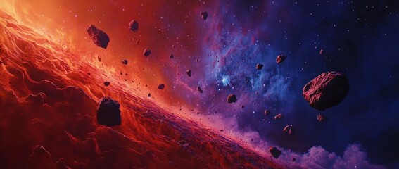 Red planet, asteroid field, nebula backdrop, cosmic game