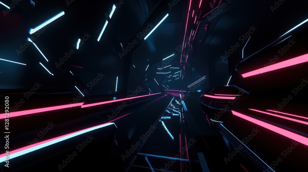 Poster futuristic corridor with neon lights in pink and cyan offering a sci-fi setting with metallic struct