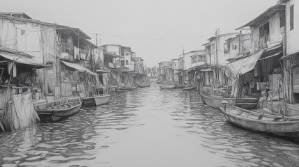Fototapeta premium Artistic black and white depiction of tranquil canal with reflection of buildings and boats creating serene atmosphere