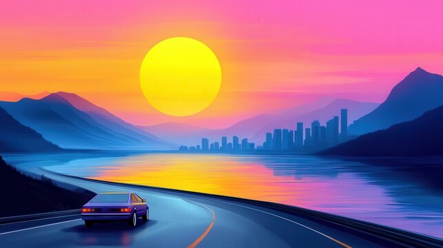 Summer vibes 80s style with a car going to the city on the highway  