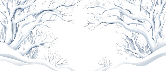 A wintery scene featuring bare, white branches forming an intricate pattern against a dark backdrop. isolated on white background.
