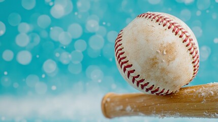 Baseball resting on wooden bat with soft blue background evoking feelings of nostalgia and excitement for the game