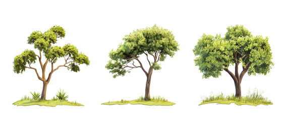 Fototapeta premium Three distinct trees showcasing varying shapes and foliage, emphasizing their natural beauty and diversity. isolated on white background.