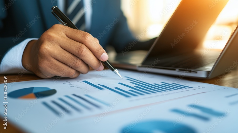 Poster close-up of a person analyzing financial data on charts with a pen and laptop in view