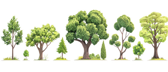 Fototapeta premium A series of various tree types showcasing different shapes, sizes, and foliage, illustrating the diversity of trees. isolated on white background.