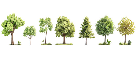 Fototapeta premium A series of diverse trees showcasing various shapes and sizes, highlighting their lush foliage and natural beauty. isolated on white background.