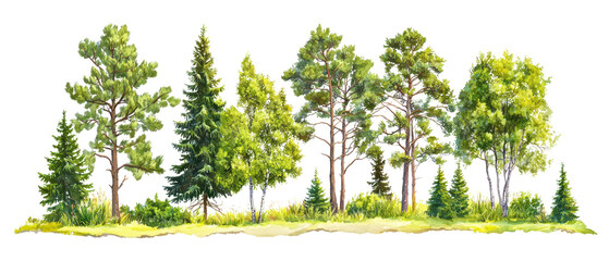 A vibrant collection of various trees showcasing different shapes and shades of green, representing a lush forest setting. isolated on white background.