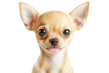 Obraz premium Smiling tan dog with large eyes and pink tongue displayed on a transparent background. The close-up emphasizes facial details and friendly expression