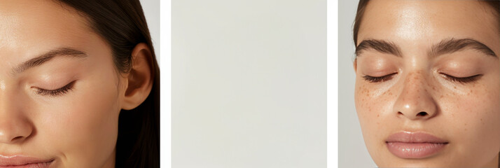 Close-up portrait mockup of two women with and without freckles, natural beauty and skin texture