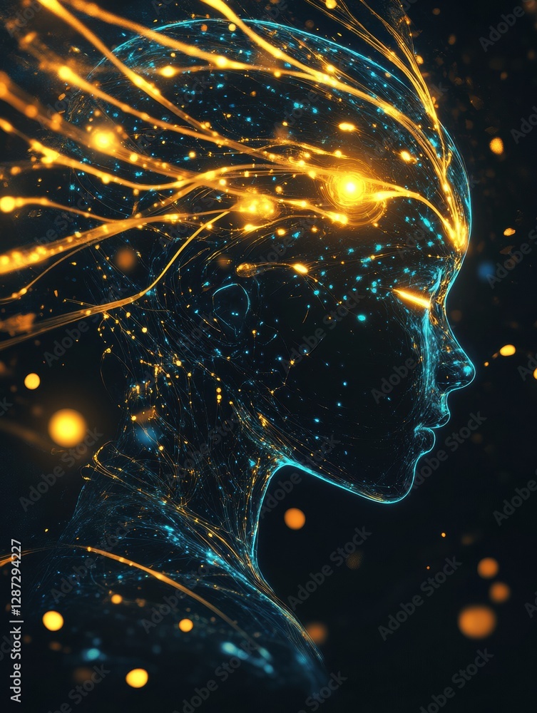 Fototapete Profile view of a human head showcasing neural connections and glowing synapses symbolizing artificial intelligence and cybernetics. Generative AI