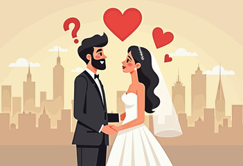 Explore marital growth with this modern minimalist cartoon illustration, depicting a married couple thoughtfully answering questions to strengthen their relationship.

