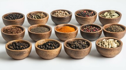 Assortment of spices in wooden bowls.