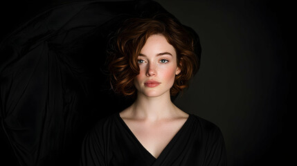 Naklejka premium Redhead woman portrait, dark dress, flowing fabric, studio backdrop, fashion photography