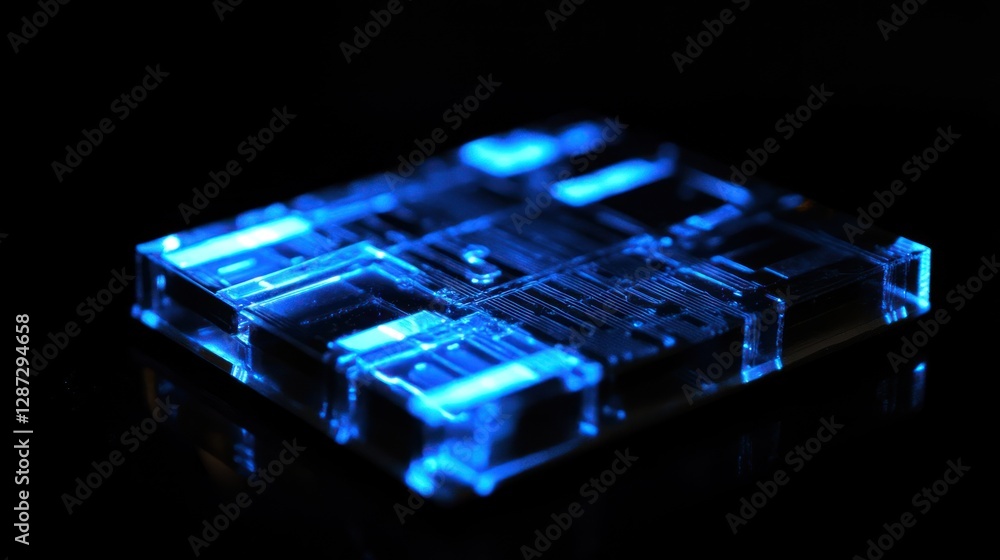 Poster a blue glowing circuit board with complex patterns on a reflective black surface