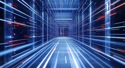 Dynamic Digital Pathway with Blue Light Streaks Creating a Futuristic Atmosphere
