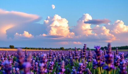 A serene twilight landscape unfolds, featuring a field of blooming lavender, its delicate purple flowers reaching towards a soft, pastel-colored sky.