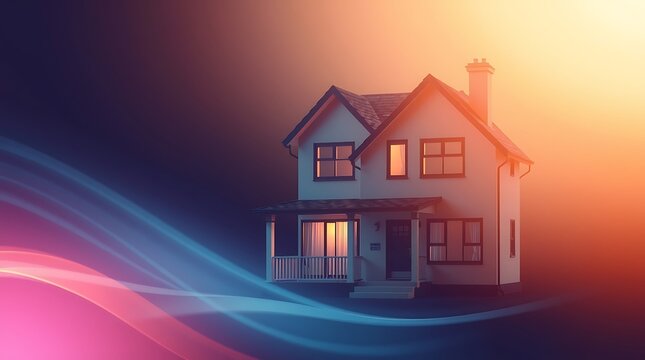 Cozy suburban house, glowing windows, sunset sky, vibrant abstract light waves, dreamy atmosphere, soft colors, warm lighting, digital art, surreal, ethereal, nostalgic, peaceful, home concept, 3D ren