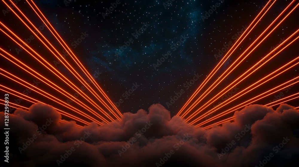 Poster a digital rendering of multiple bright orange laser beams emanating from above, piercing through dar