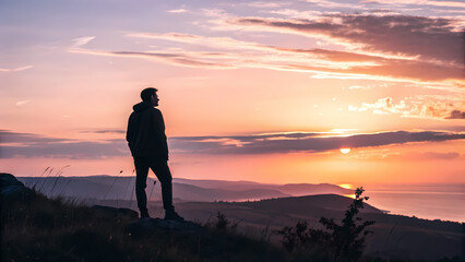 Obraz premium Man in sunset feels peaceful, enjoying sun ethereal glow at dawn, lost in contemplation on hilltop at sundown