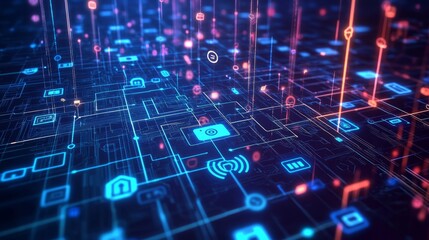 5g technology infographic featuring ai, machine learning, cybersecurity, cryptocurrency, blockchain, big data, cloud computing, and wireless internet access in a futuristic digital network visualizati