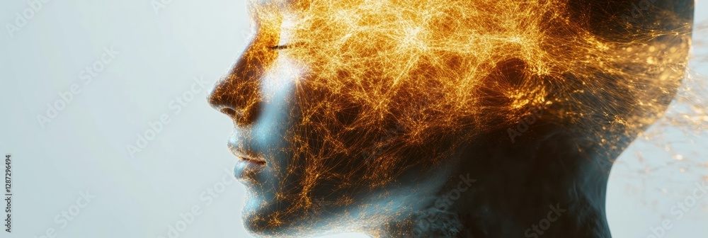 Fototapete Profile of a human head with glowing synapses symbolizing neural connections in artificial intelligence. Generative AI