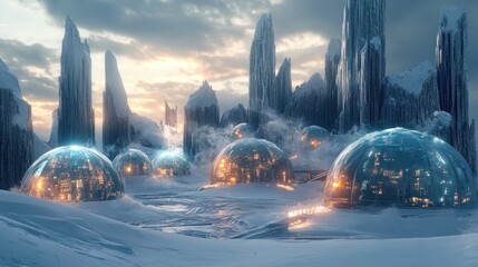 Fototapeta premium Futuristic Arctic Settlement: Domes in a Frozen Landscape