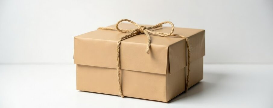 Brown paper box wrapped with rustic twine in front of white surface, front, fiber, packaging