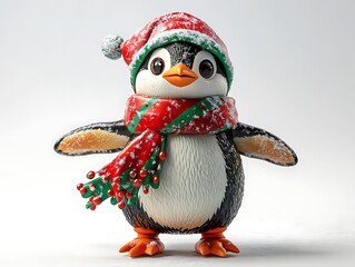 Fototapeta premium Festive penguin in santa hat winter wonderland cute toy cheerful vibe