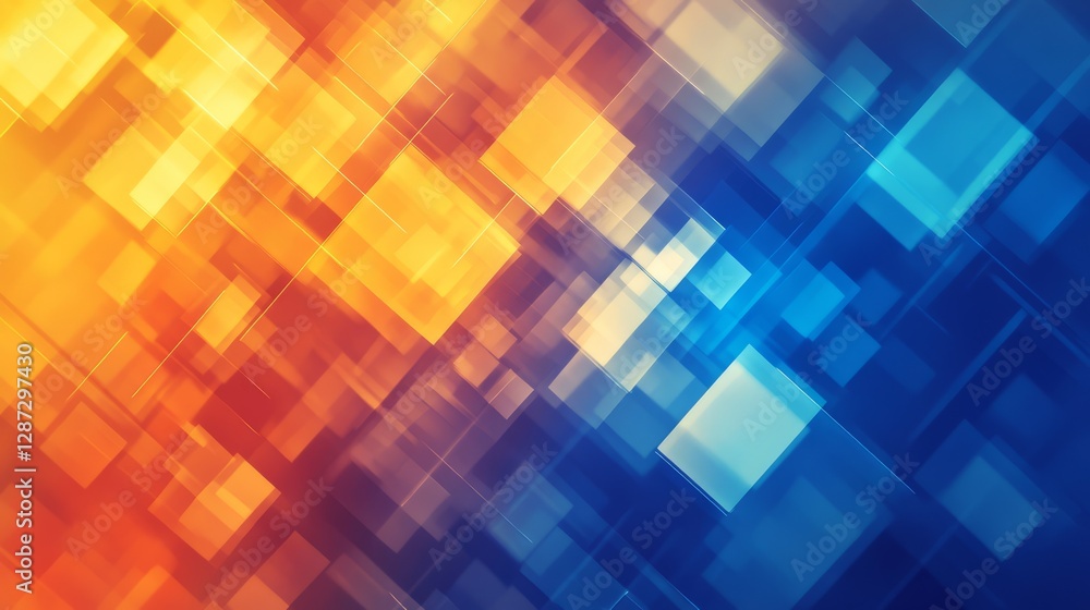 Poster abstract blue and orange technology background with geometric square patterns and digital glow, perf