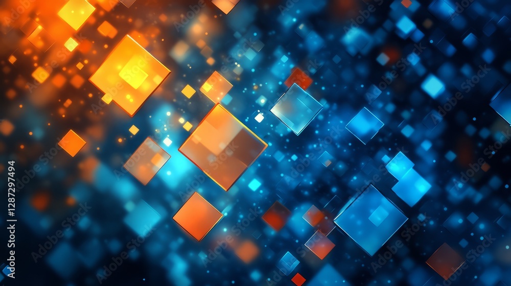 Poster abstract blue and orange technology background with geometric square patterns and digital glow, perf