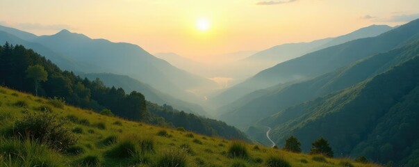 Fototapeta premium Gentle morning light creeps over valley hills, shadow, soft, mist