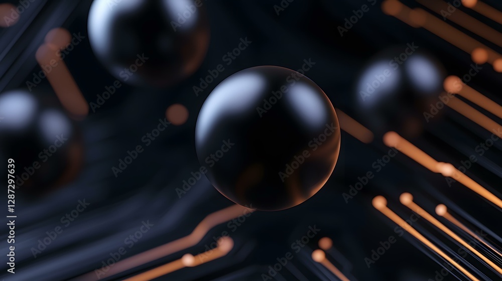 Poster the image shows several dark, metallic spheres hovering above a dark background with orange circuit-