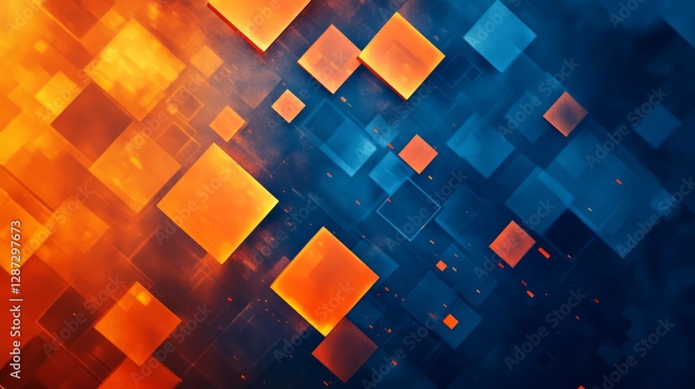 Poster abstract blue and orange technology background with geometric square patterns and digital glow, perf
